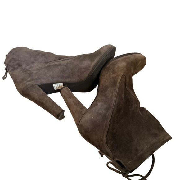 Stuart Weitzman Gray Microsuede Stretch Ankle Tie Heeled Booties Size 10 - Picture 6 of 10